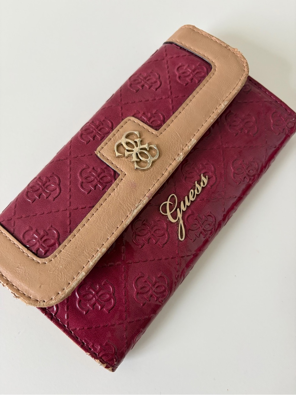 GUESS Burgundy and Tan Quilted Wallet
